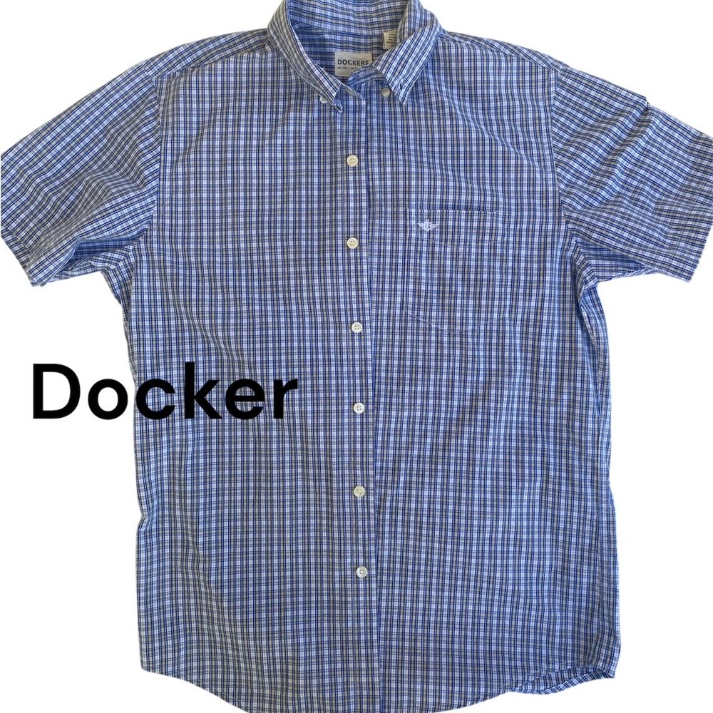 Dockers Blue and White Plaid Short-Sleeve Button-Down Shirt